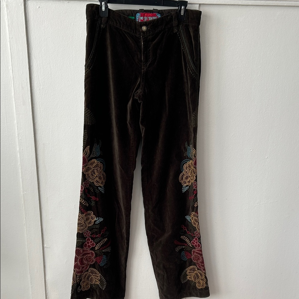 Johnny Was Biya 2-10-10-5 Boho Green Velvet Flare Pants with Floral embroidery S